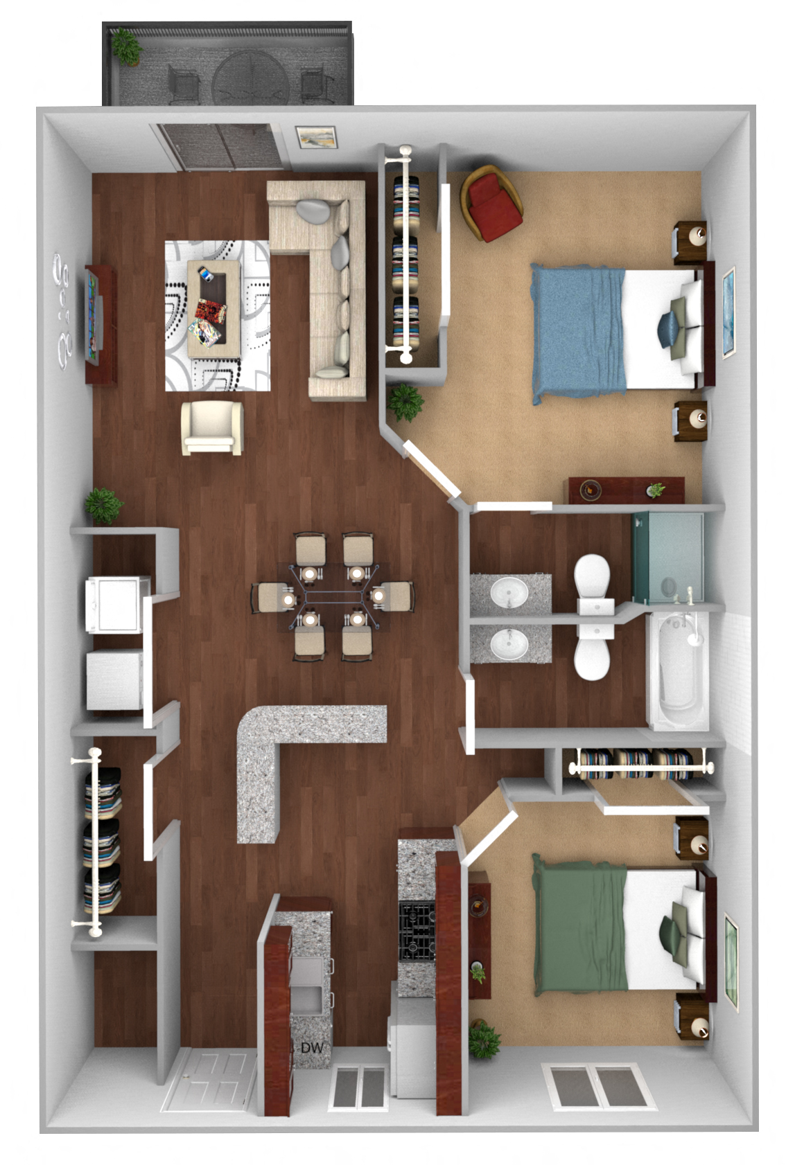 Floor plan for 2 beds, 2 baths, 1042 sqft